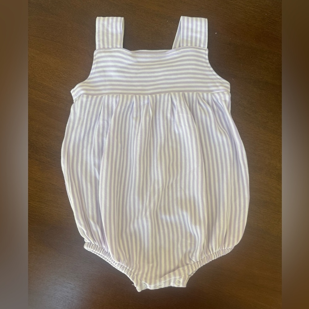 The Beaufort Bonnet Company Lavender Striped Romper